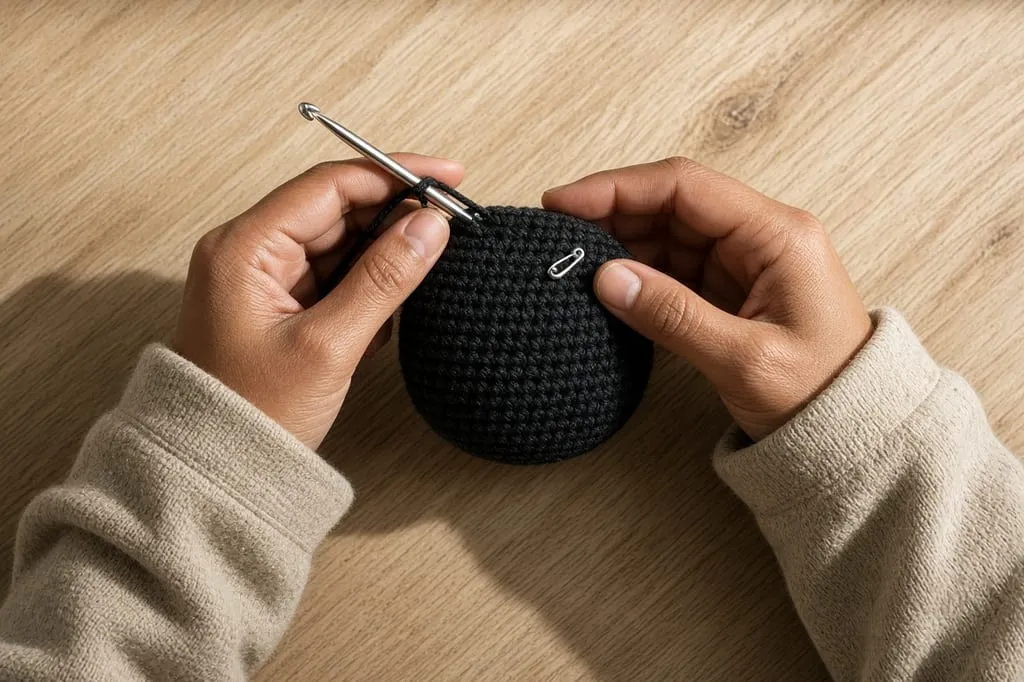Hands crocheting a small black sphere with a stitch marker in the round