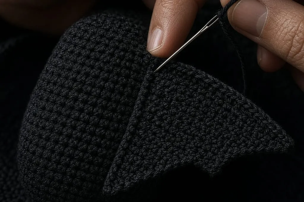 A tapestry needle sewing a flat black wing onto a rounded black body