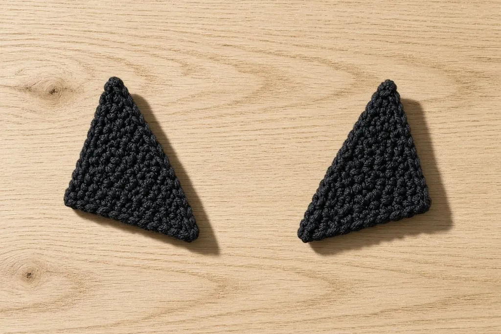 Two matching small black crochet triangular ear pieces laid flat