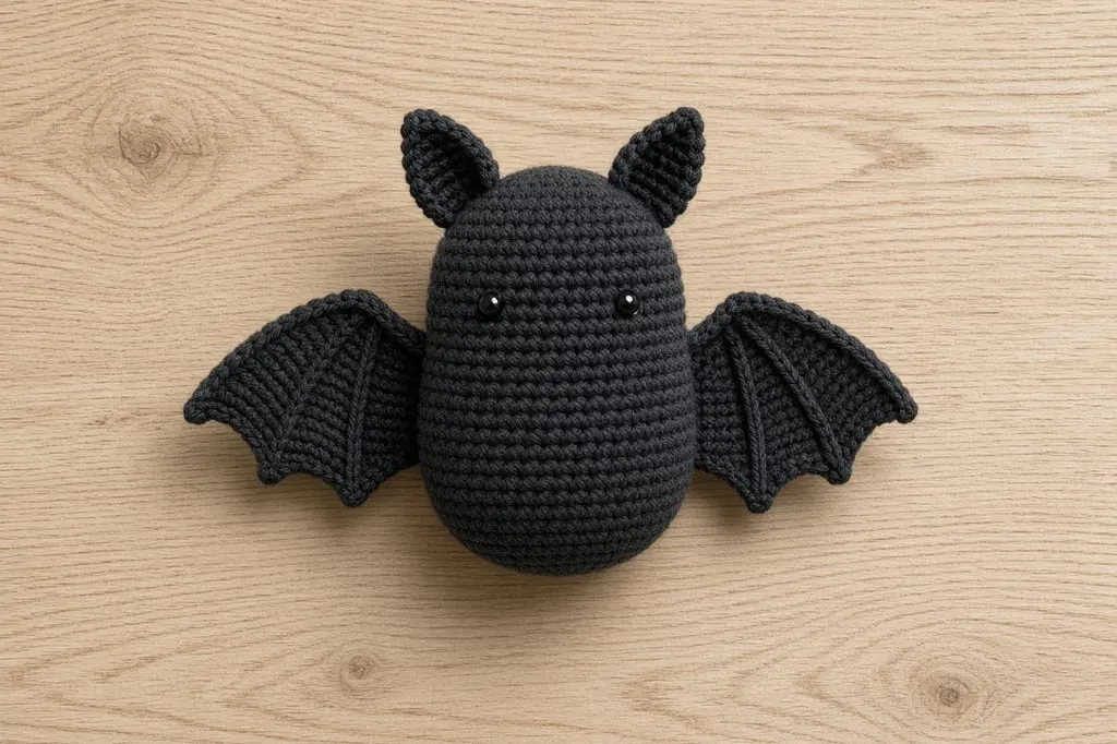 A finished black crochet bat with matching wings and small triangular ears