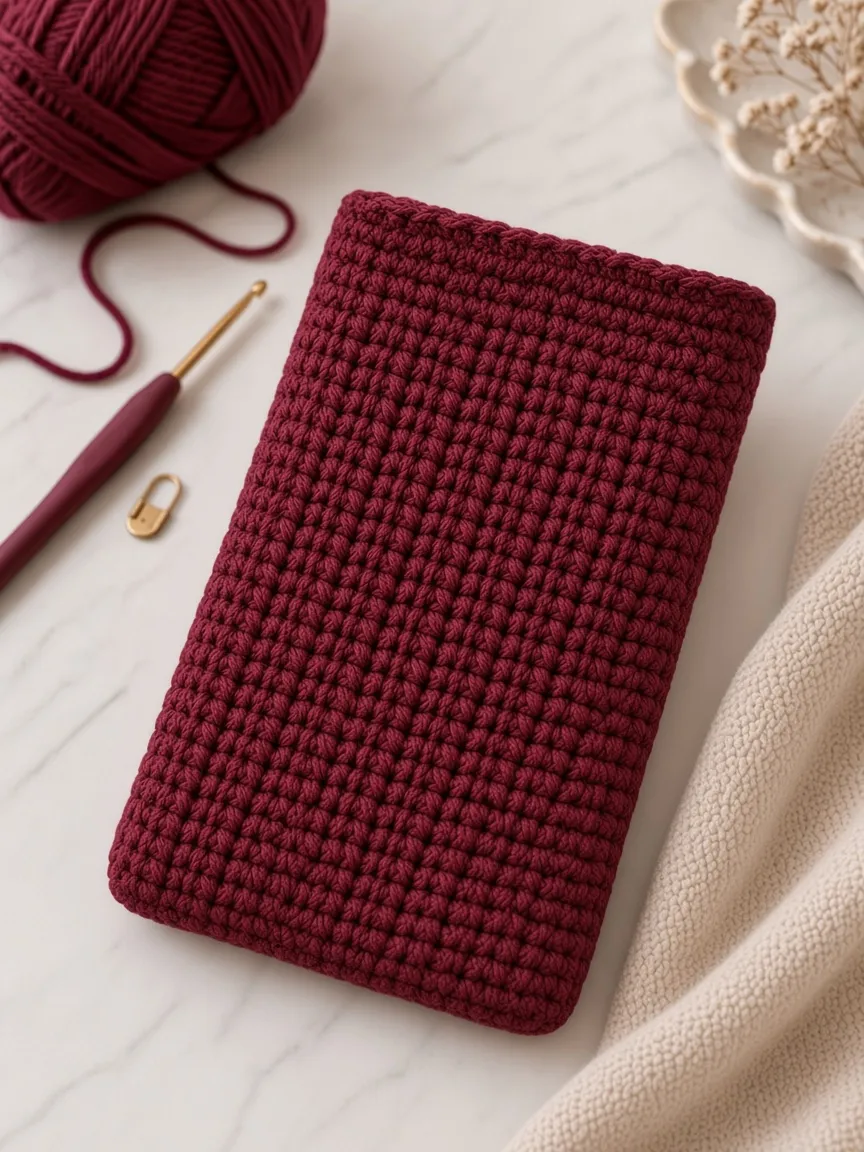 The back of a burgundy crochet sleeve
