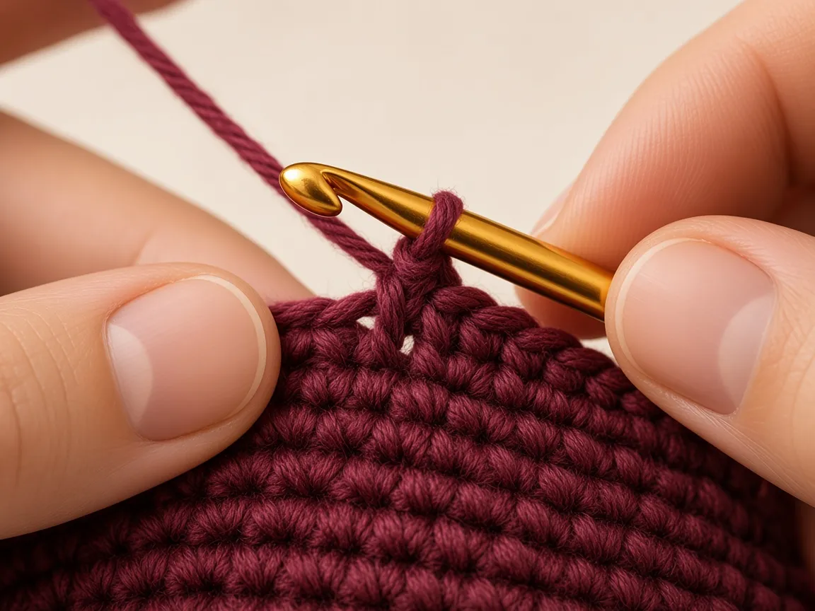 Hook placed in a stitch of burgundy fabric