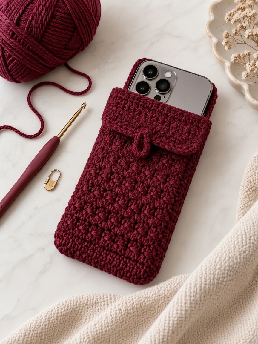 A burgundy sleeve with a short flap and a yarn loop