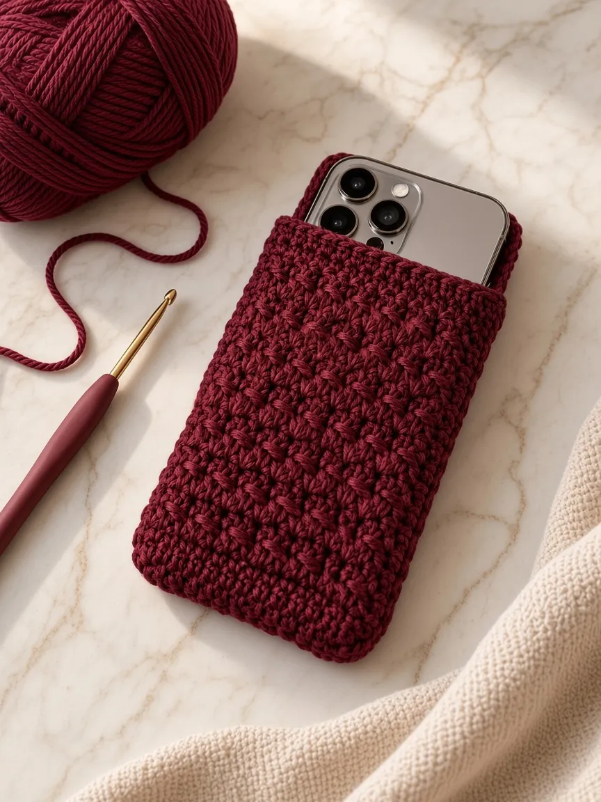 A burgundy crochet sleeve with a phone partly inside, yarn, and a hook