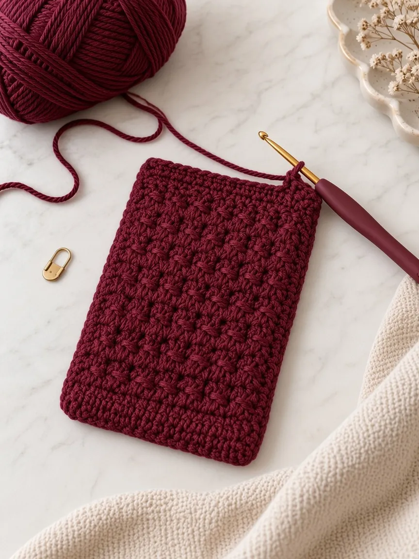 A flat burgundy rectangle still on the hook