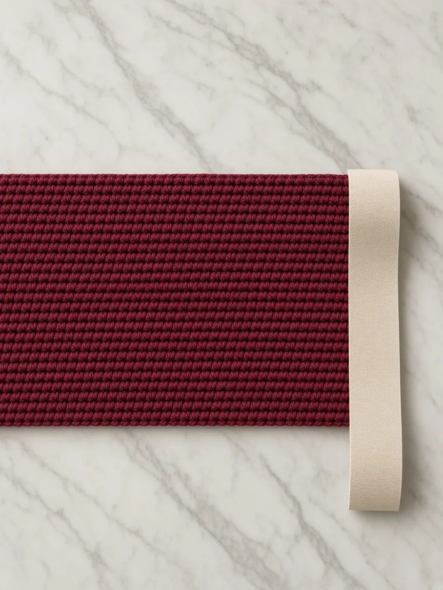 A burgundy rectangle beside a tape
