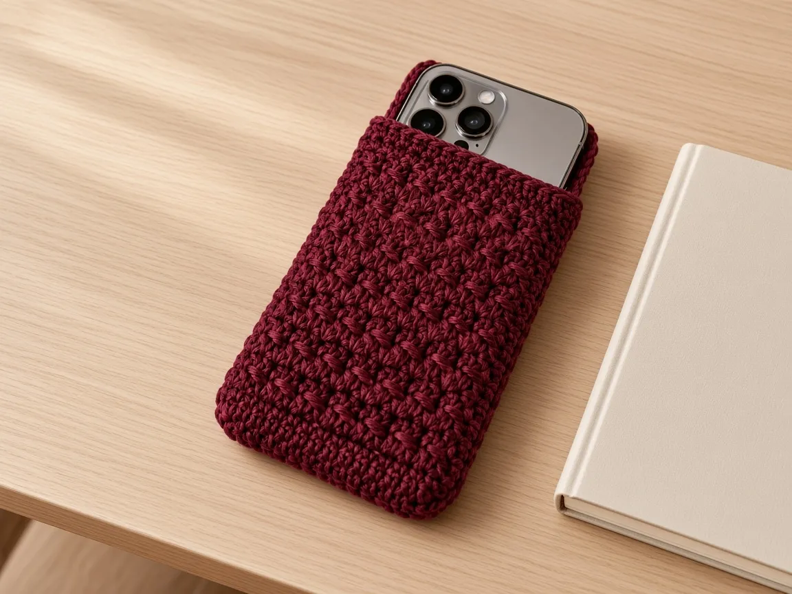 A burgundy sleeve on a desk beside a notebook