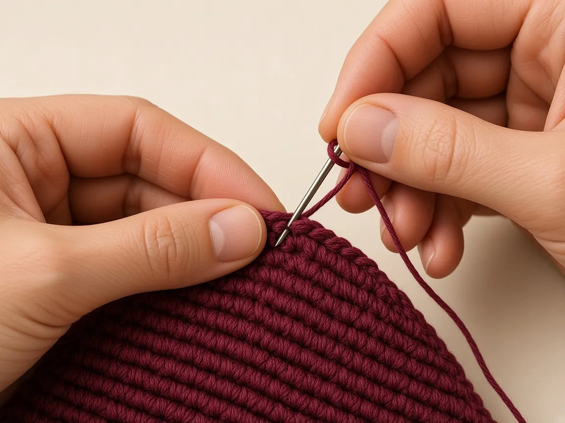 A needle joining the edge of burgundy crochet