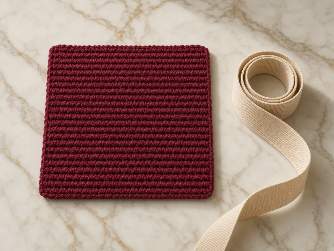 A burgundy single-crochet square beside a tape