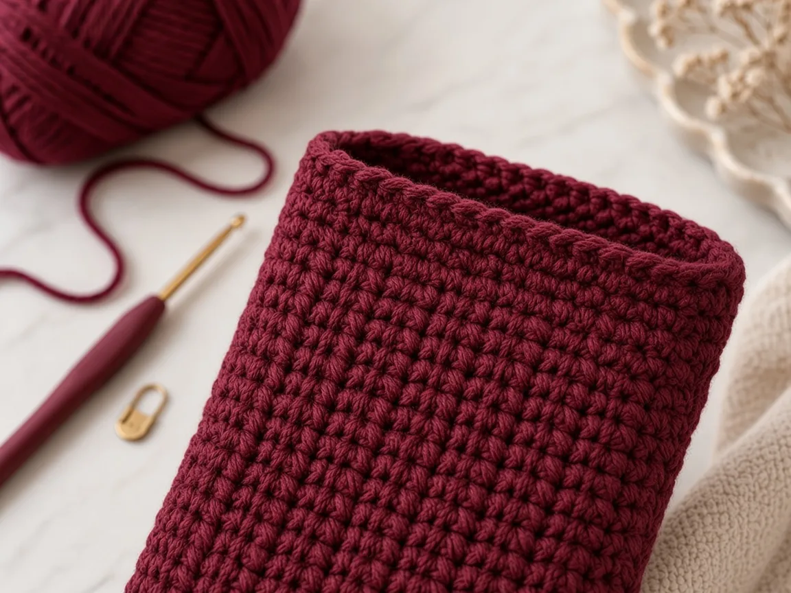 The open top of a burgundy crochet sleeve