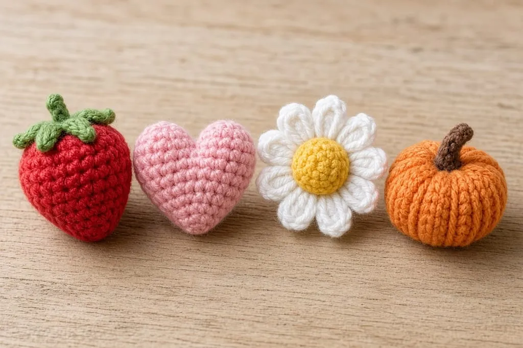 Four small charms: strawberry, heart, daisy, pumpkin