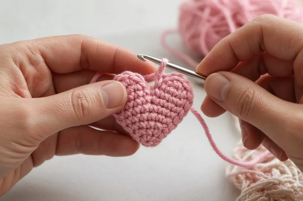 Hands working a small pink heart