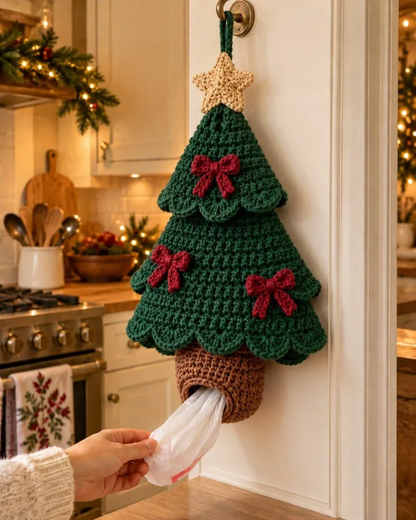 Illustration of a forest-green crochet Christmas tree bag holder with a brown trunk.