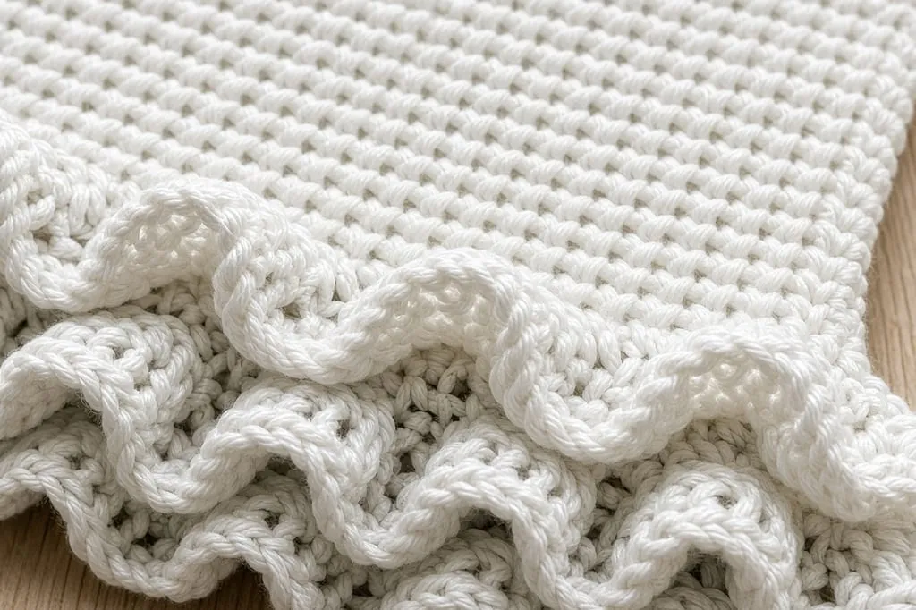 The bottom edge of white crochet fabric rippling into deep waves