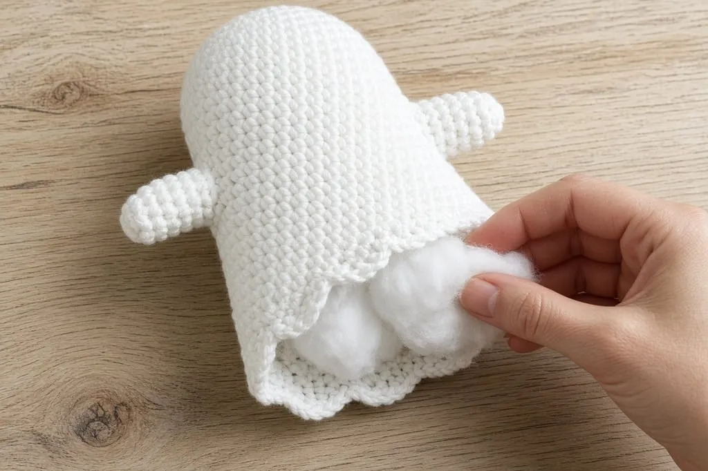A white crochet ghost body being lightly stuffed through the open hem