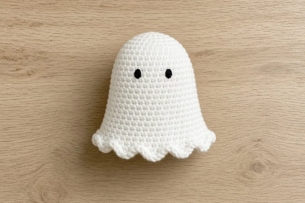 A finished white crochet ghost with a wavy hem and two simple embroidered eyes
