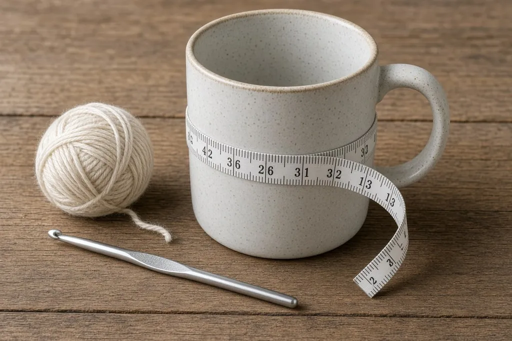 A tape measure around a ceramic mug beside a crochet cozy rectangle