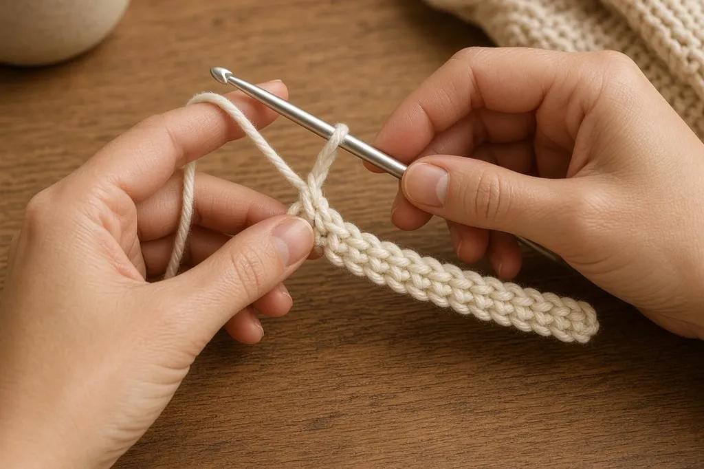 Hands chaining the foundation for a mug cozy height