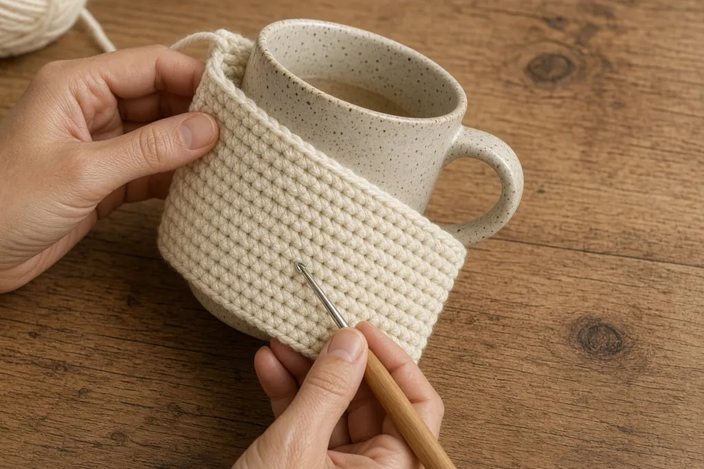 A growing single-crochet rectangle for a mug cozy held against a mug