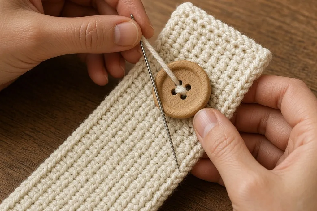 Sewing a wood button onto the flap of a crochet mug cozy