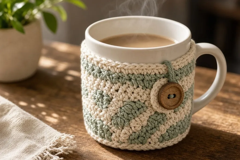 A handmade crochet mug cozy in cream and sage wrapped around a ceramic mug with a wood-button closure