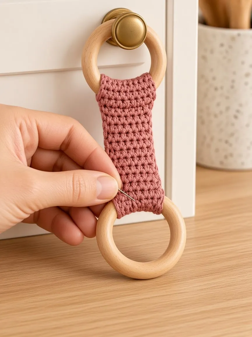 A hand sewing the lower end of the dusty rose strap over the upper arc of the bottom wooden ring
