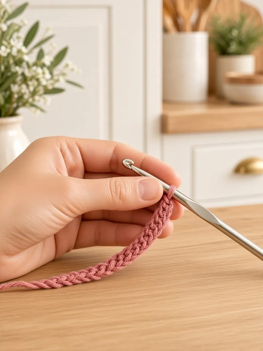 A short dusty rose foundation chain on a crochet hook