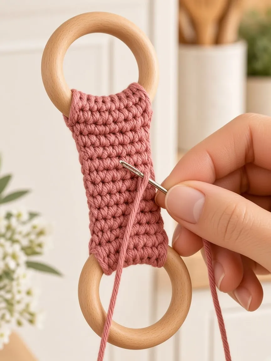 A hand weaving a dusty rose yarn tail into the back of the strap between two wooden rings