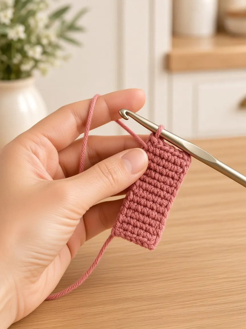 A hand working half double crochet into a short dusty rose rectangle