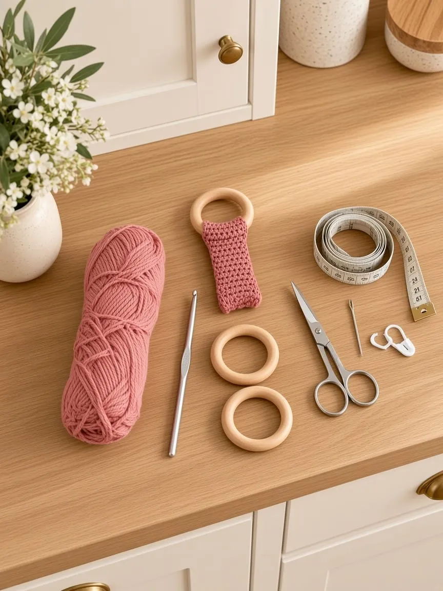 Dusty rose cotton yarn, an aluminum hook, two plain wooden rings, scissors, a yarn needle, stitch markers, and a tape on an oak counter