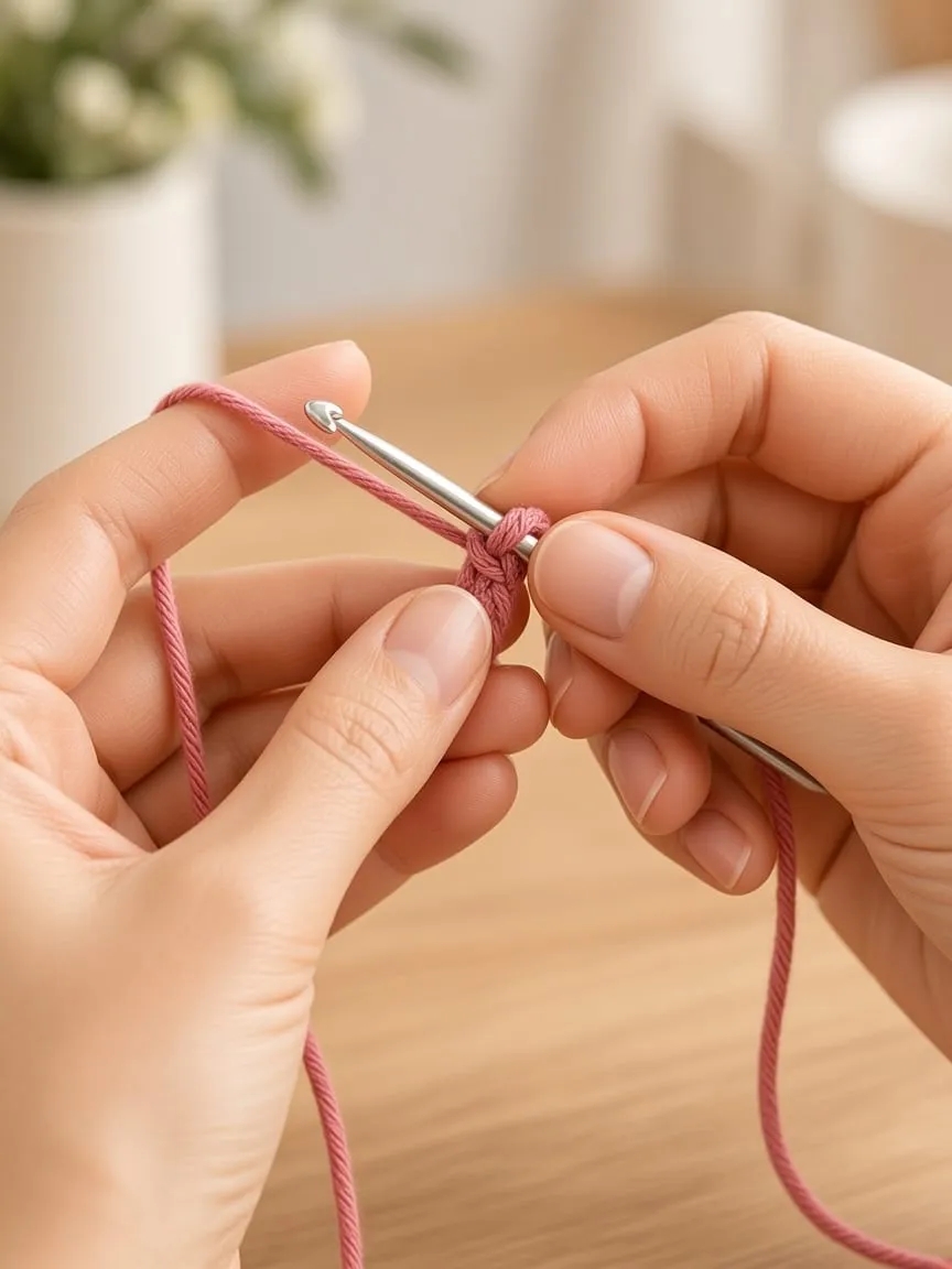 A hand making a dusty rose slip knot on an aluminum crochet hook