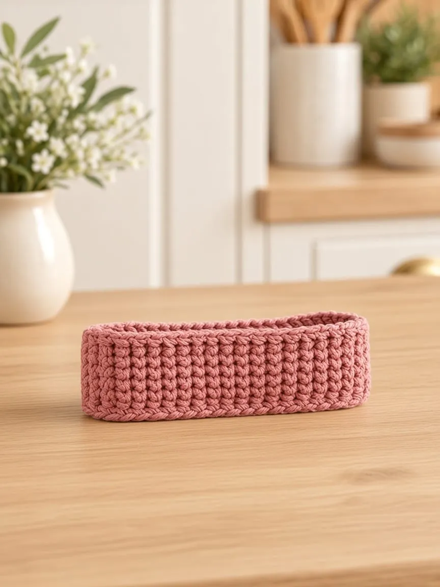 A finished short dusty rose crochet rectangle lying flat, with no rings attached