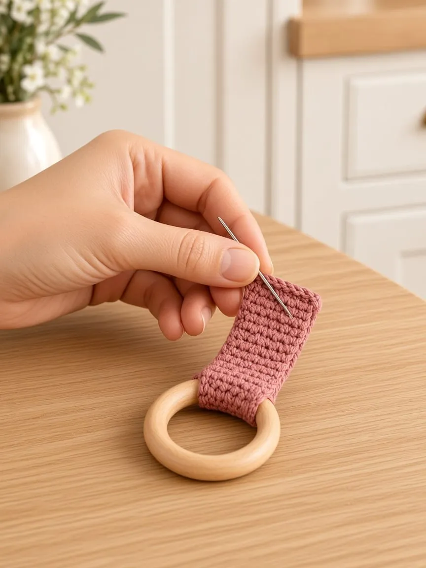 A hand sewing a dusty rose strap over the lower arc of one wooden ring, leaving the upper arc bare
