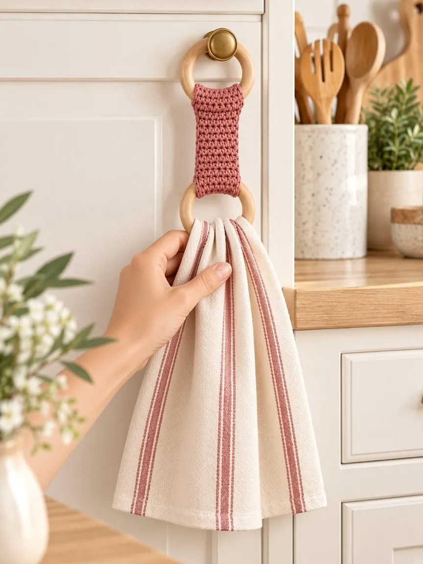 A hand passing a cream towel with rose stripes through the bottom wooden ring of the hanging holder