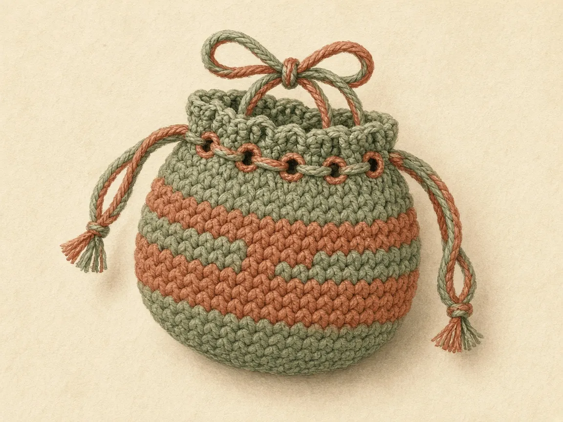 A round crochet bag with eyelets and a cord