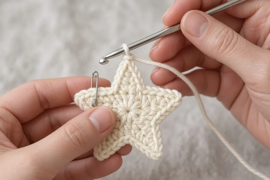 Hands crocheting a small cream star