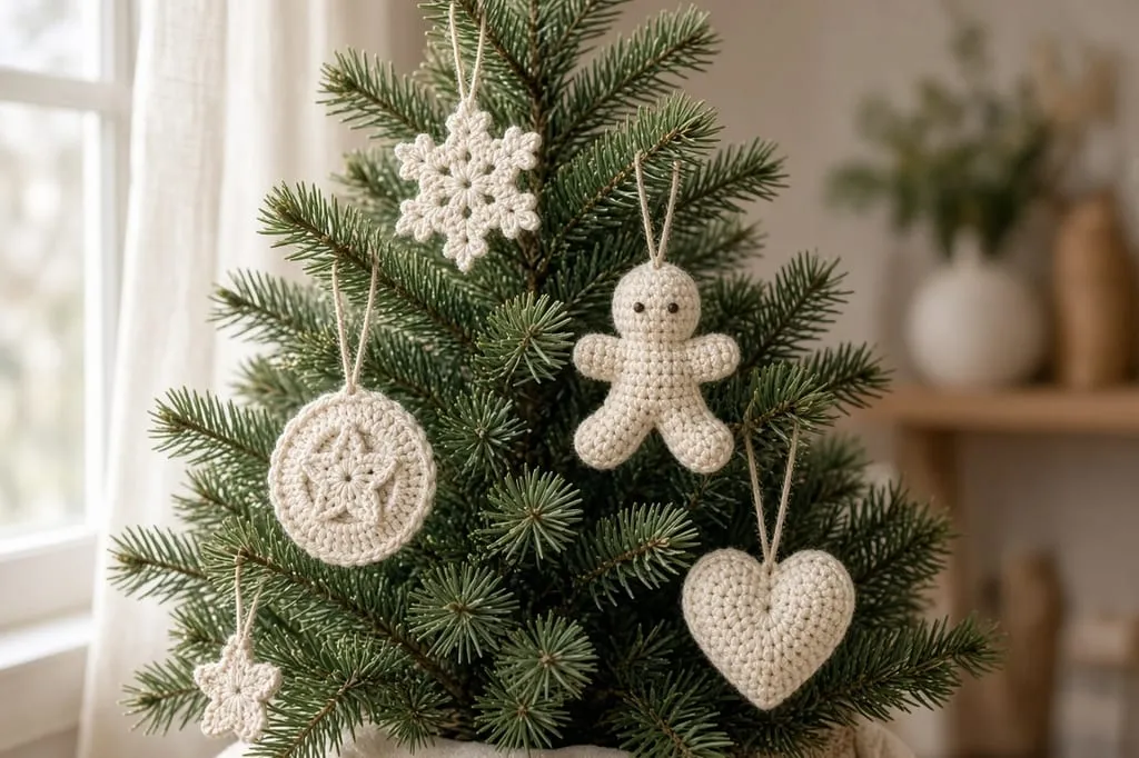 Crochet ornaments on a small tree