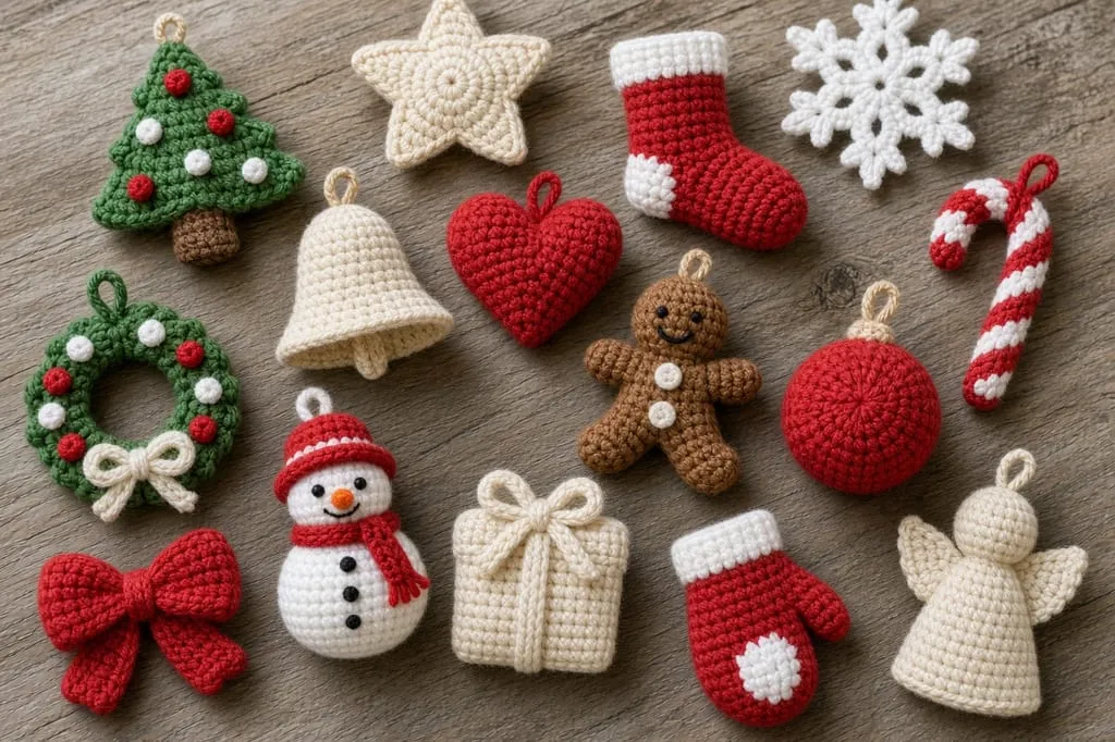 A group of small crochet Christmas ornaments on a table
