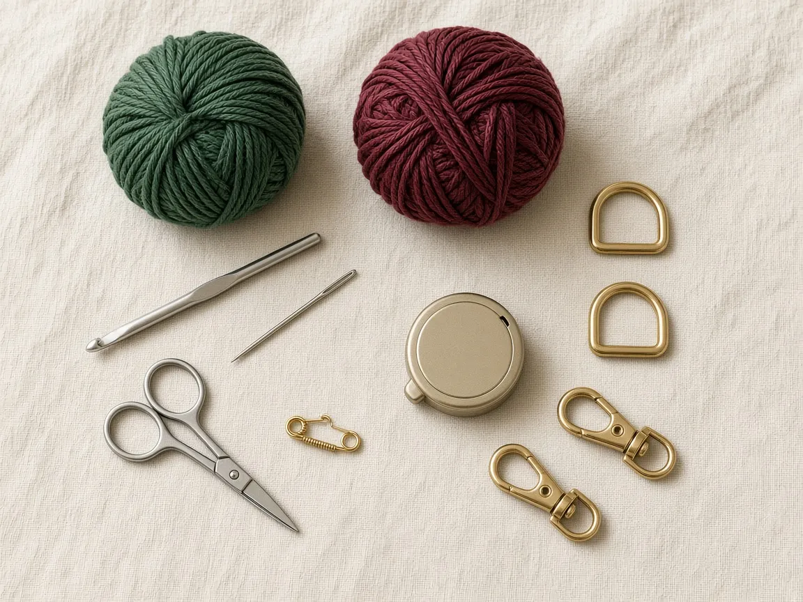Forest green and burgundy cotton yarn, a hook, a needle, scissors, a tape, two plain D-rings, and two swivel clasps