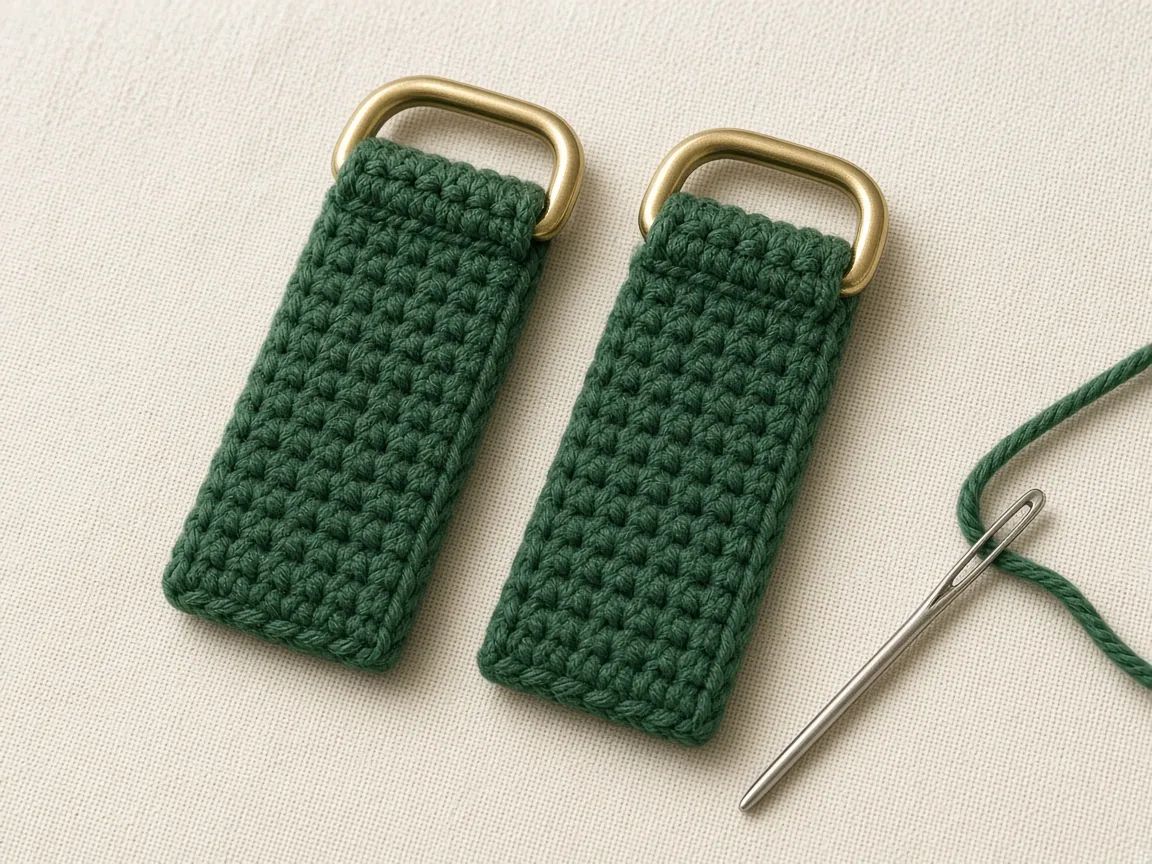 Two green single-crochet tabs, each held in a plain gold-tone D-ring, with a needle