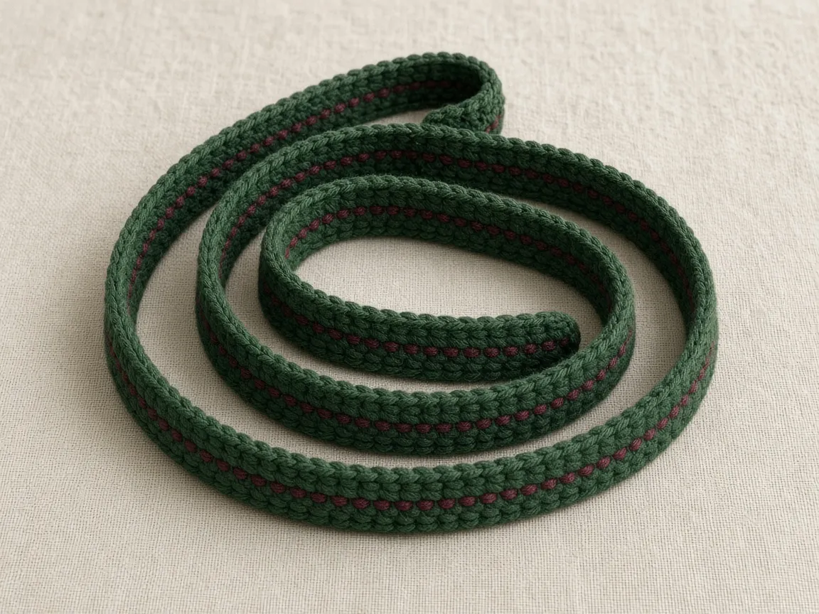 A long narrow green crochet strap with a thin burgundy line along the center