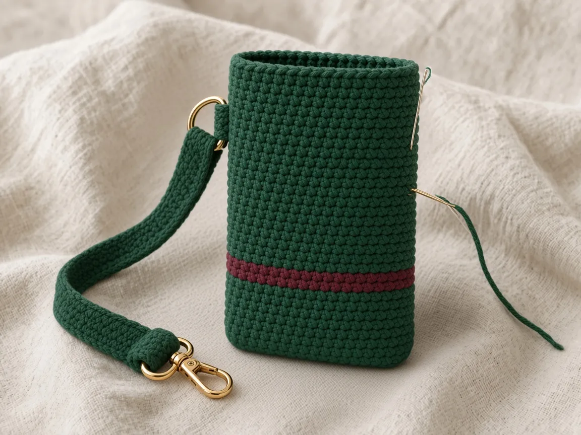 A green strap end on a plain clasp, next to the pouch while the other side is still being sewn