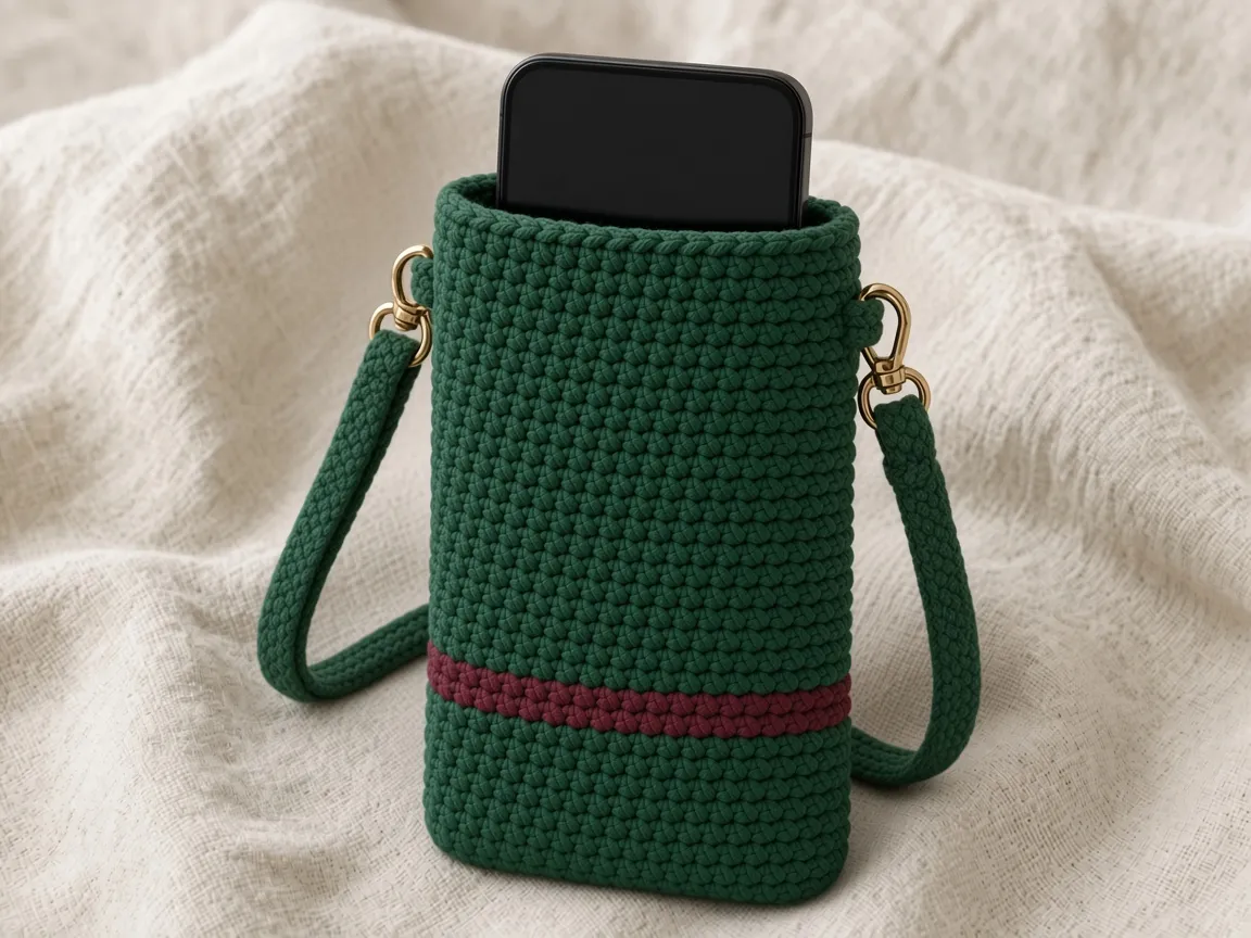 The finished green pouch with a phone at the opening and the strap on plain gold hardware