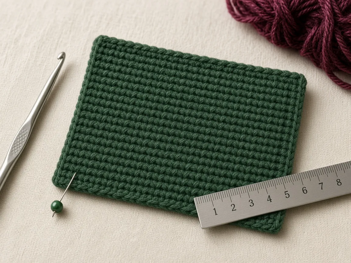 A forest-green single-crochet swatch with a ruler, a hook, and burgundy yarn nearby