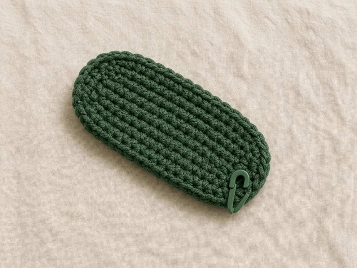 A forest-green oval of single crochet with a stitch marker at one end