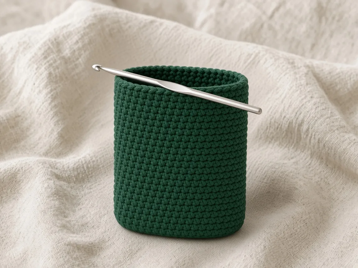 A short forest-green crochet tube with straight sides and a hook on the rim