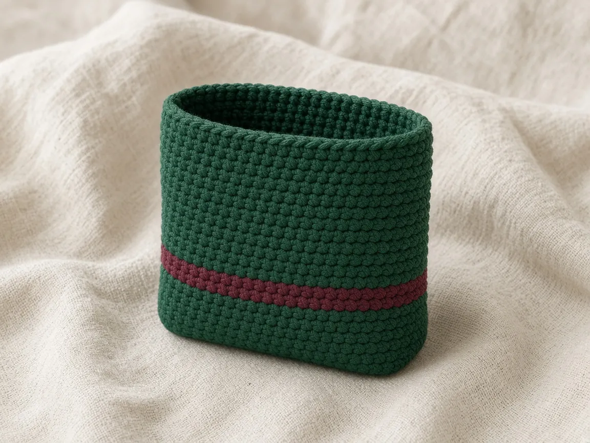 A green crochet pouch with a burgundy stripe low on the body and green stitches above it