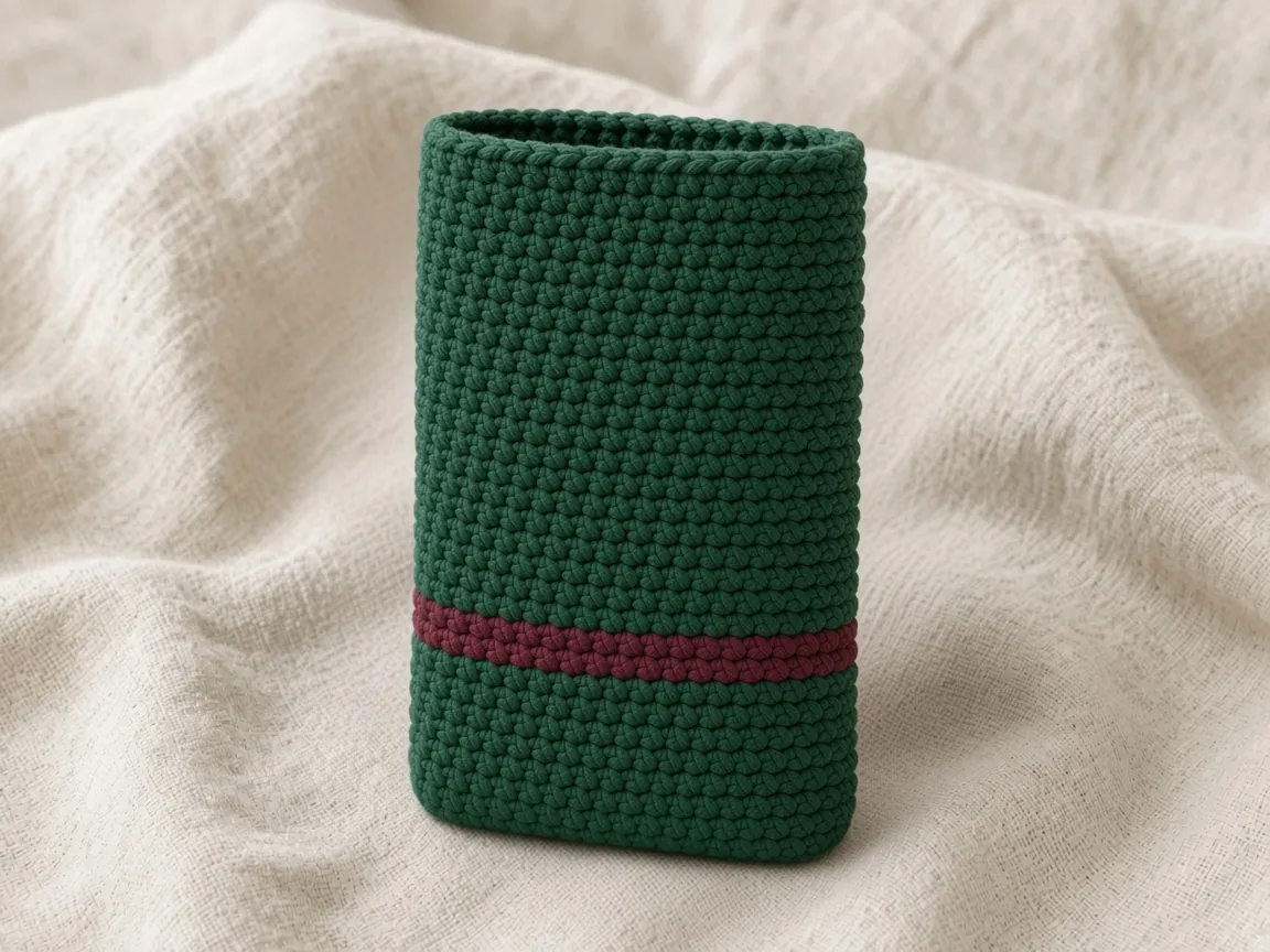 A taller forest-green crochet pouch with the burgundy stripe in the lower third