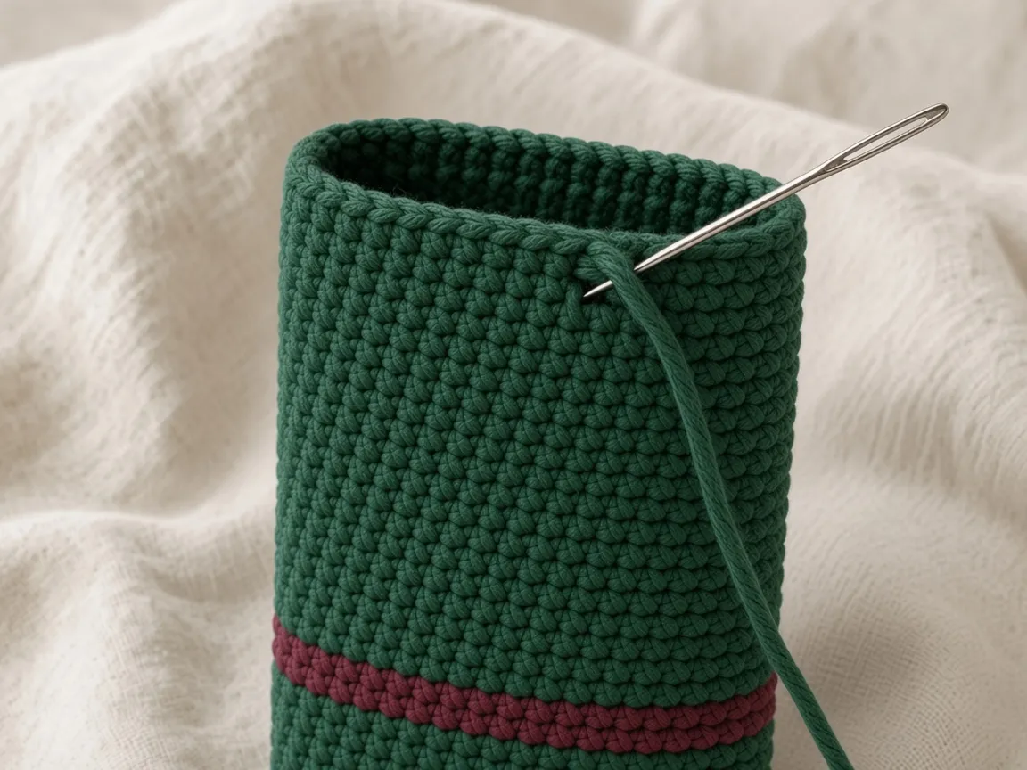 A tapestry needle at the rim of the green pouch, with the burgundy stripe below