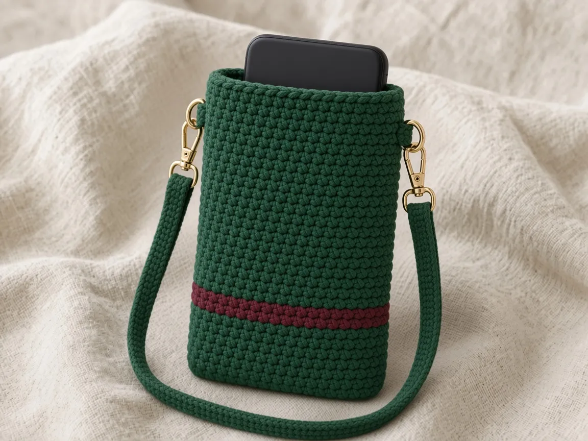 Forest green crochet phone pouch with a burgundy stripe, a phone at the opening, and a green strap on plain gold clasps